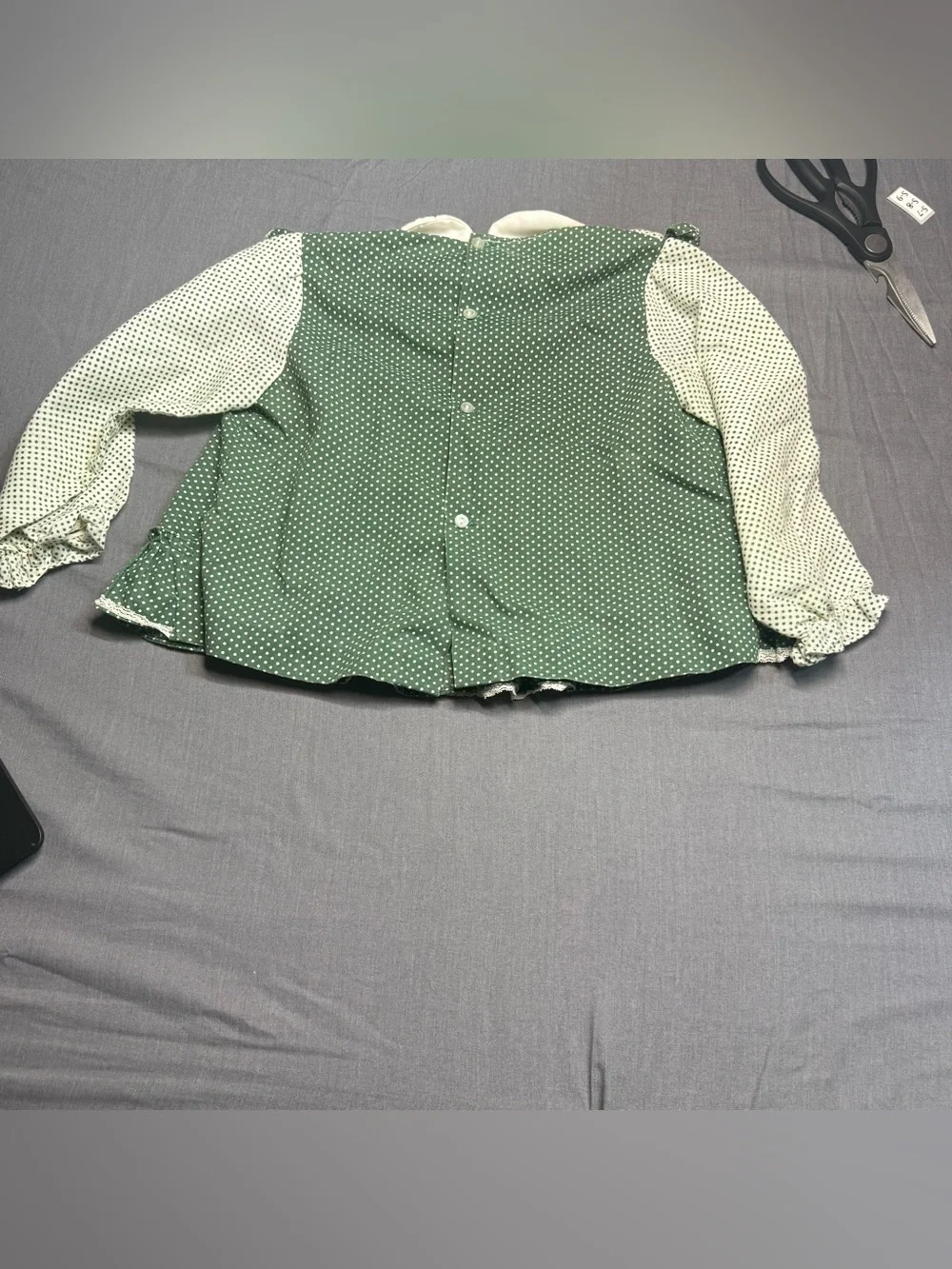 Vintage Girls Green Polka Dot Ruffle Blouse with Embroidered Collar
